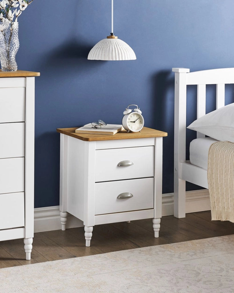 Comodino 2 cassetti bianco e legno chiaro stile Retro e moderno