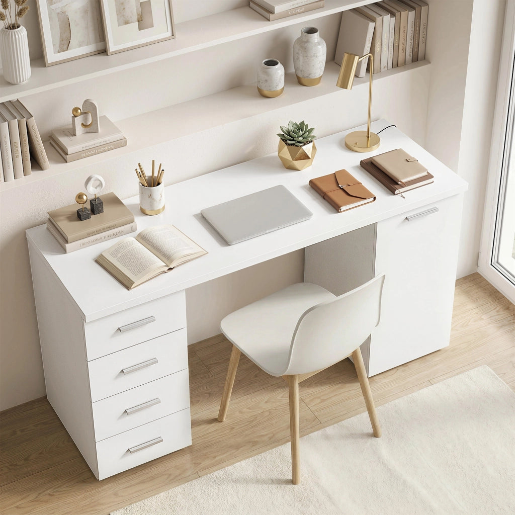 Scrivania con 4 cassetti e anta ¨C Xylo ¨C 140 cm bianco legno