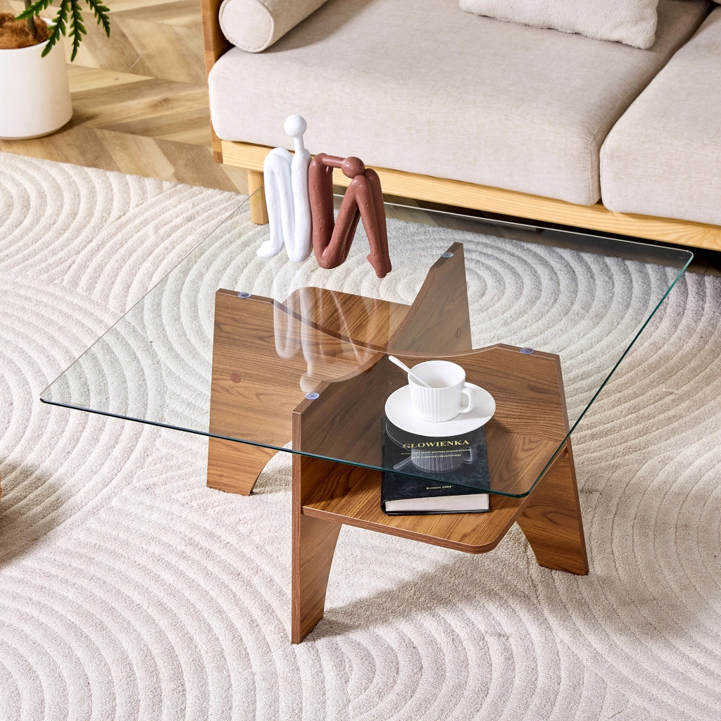 TAVOLINO Quadrato 80x80x40 cm Vetro temperato e MDF effetto noce