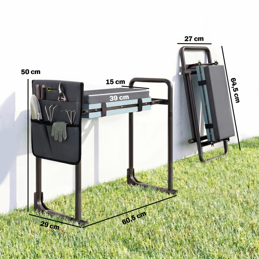 Sgabello pieghevole da giardino ¨C Xylo ¨C con cuscino EVA e tasche porta attrezzi grigio scuro