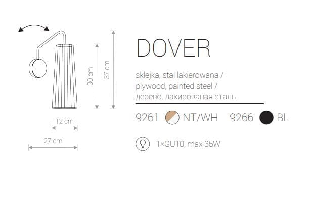 Applique 1 luce Nowodvorski DOVER legno/bianco GU10 37cm