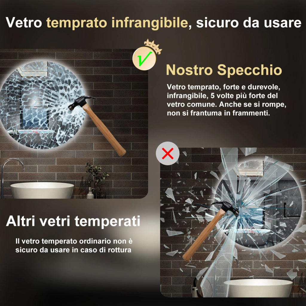 specchio rotondo 70 cm con luce led a 3 colori, antiappannamento e touch