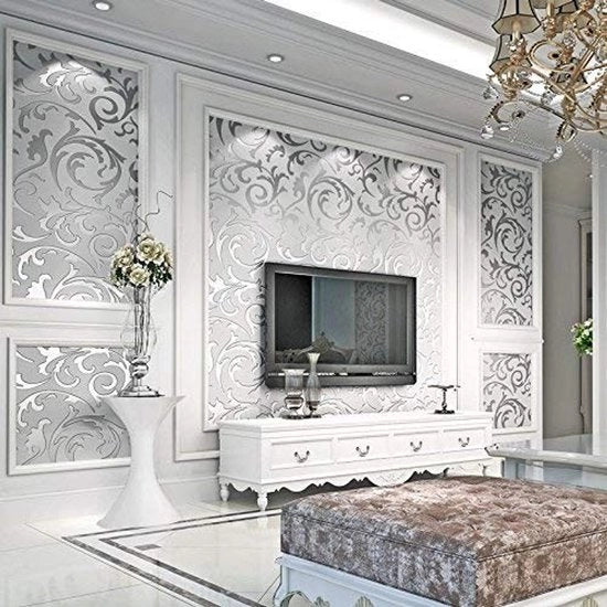 Tappezzeria a damasco - 3D carta da parati - Design moderno - Giallo/Argento - Modello barocco - Adatto per soggiorno e camera da letto - 10m