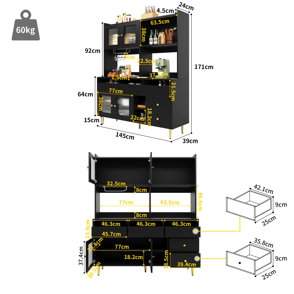 Mobile Alto da Pranzo ¨C Xylo ¨C Nero con Decoro Oro, Ante in Vetro, Porta Calici, 145x39x171