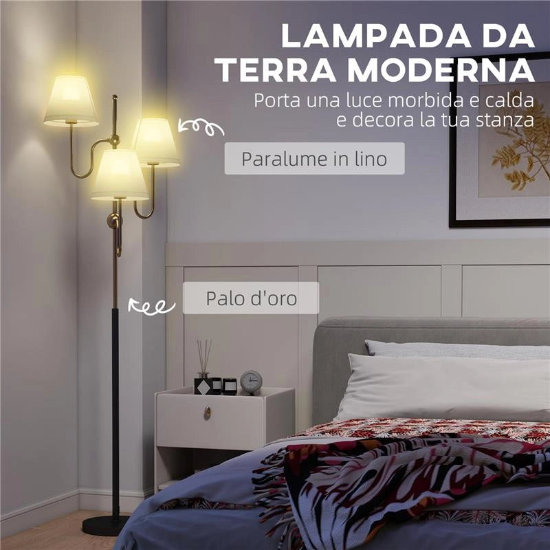 LAMPADA DA TERRA ALTA 165 CM CON 3 PUNTI LUCE E INTERRUTTORE A PEDALE, ATTACCO E27 MAX 40W, ORO