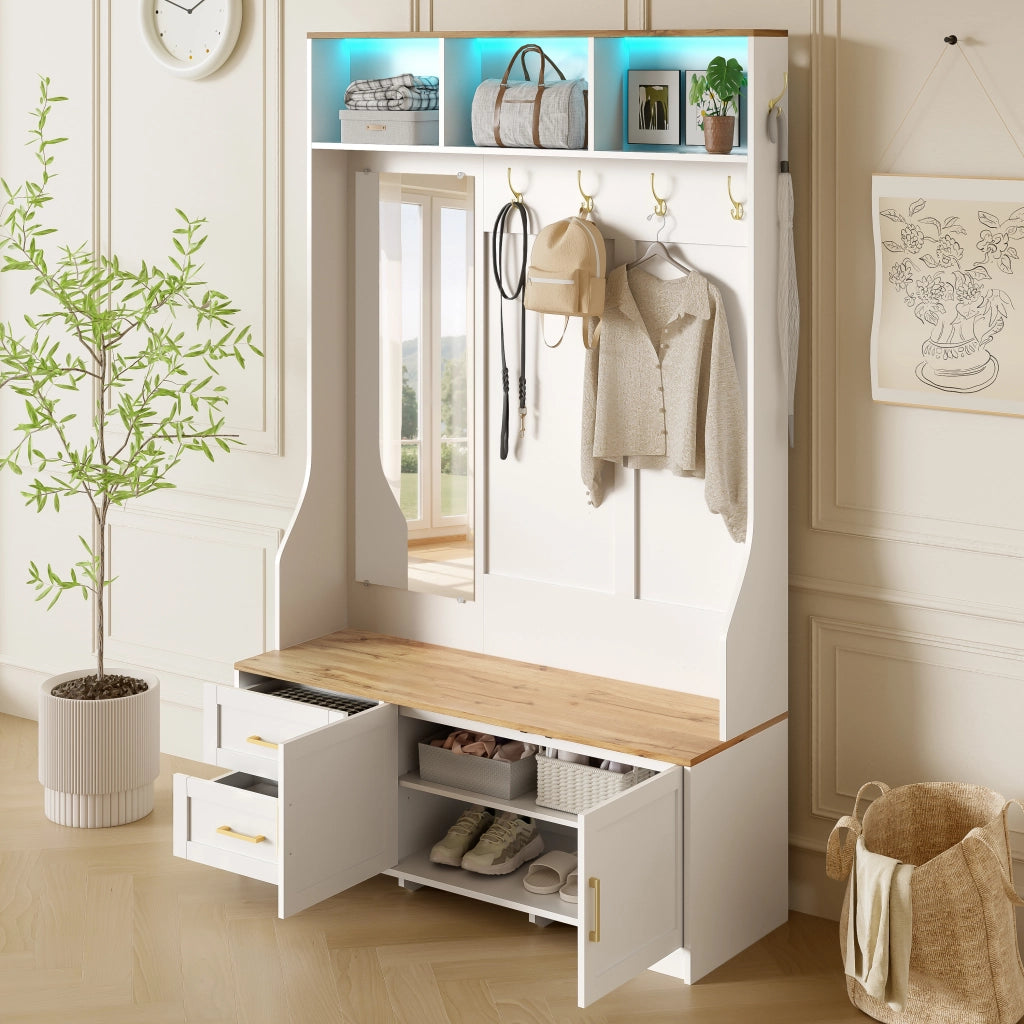 OKWISH Mobile da Ingresso con 2 Ante e 2 Cassetti, Specchio, Ganci, LED e Seduta, per Ingresso, MDF, Bianco e Legno, 120×40×187 cm