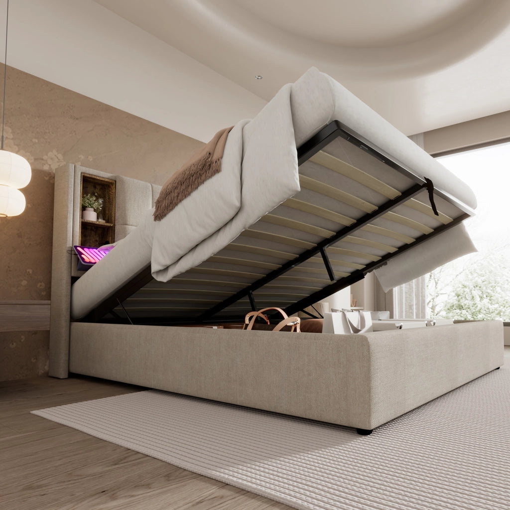Letto Contenitore Matrimoniale 180x200 cm; USB e Type-C; Ricarica Wireless - Lino