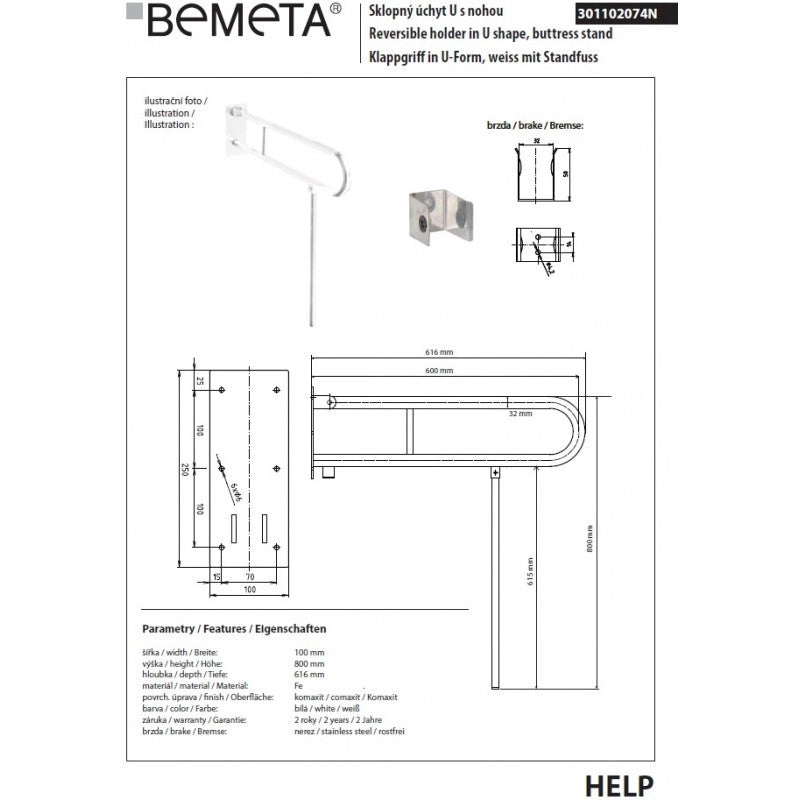 Maniglione U+ gamba di supporto HELP 813 bianco 10x25/80 x82,9cm