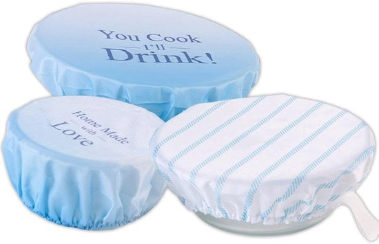 Set di coperture alimentari da 3 - Riciclabile - Elastico - Conservazione alimentare - Alternativa al plastico - Tela oxford azzurro chiaro - Protezione alimentare