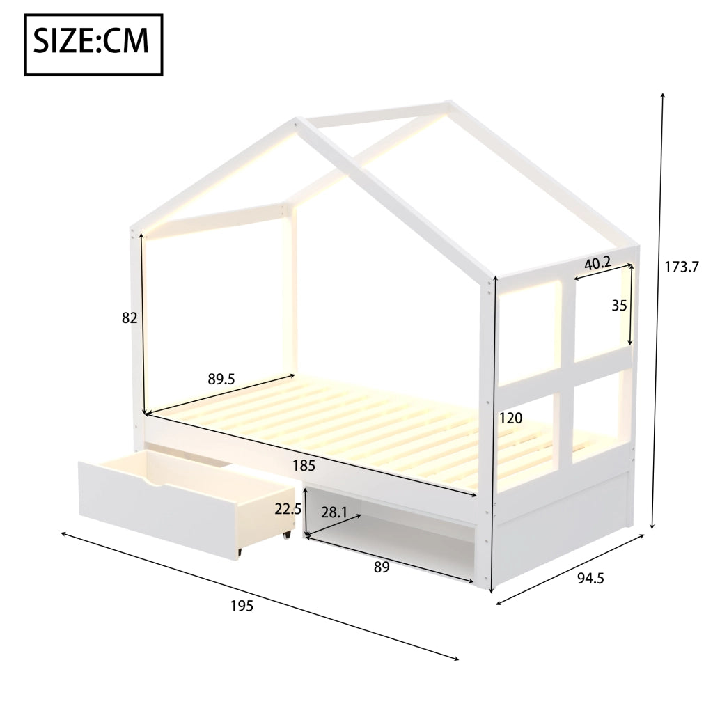 Letto Singolo con Cassetti e LED ¨C MINIMAL ¨C Bianco, Rete a Doghe, 90x190