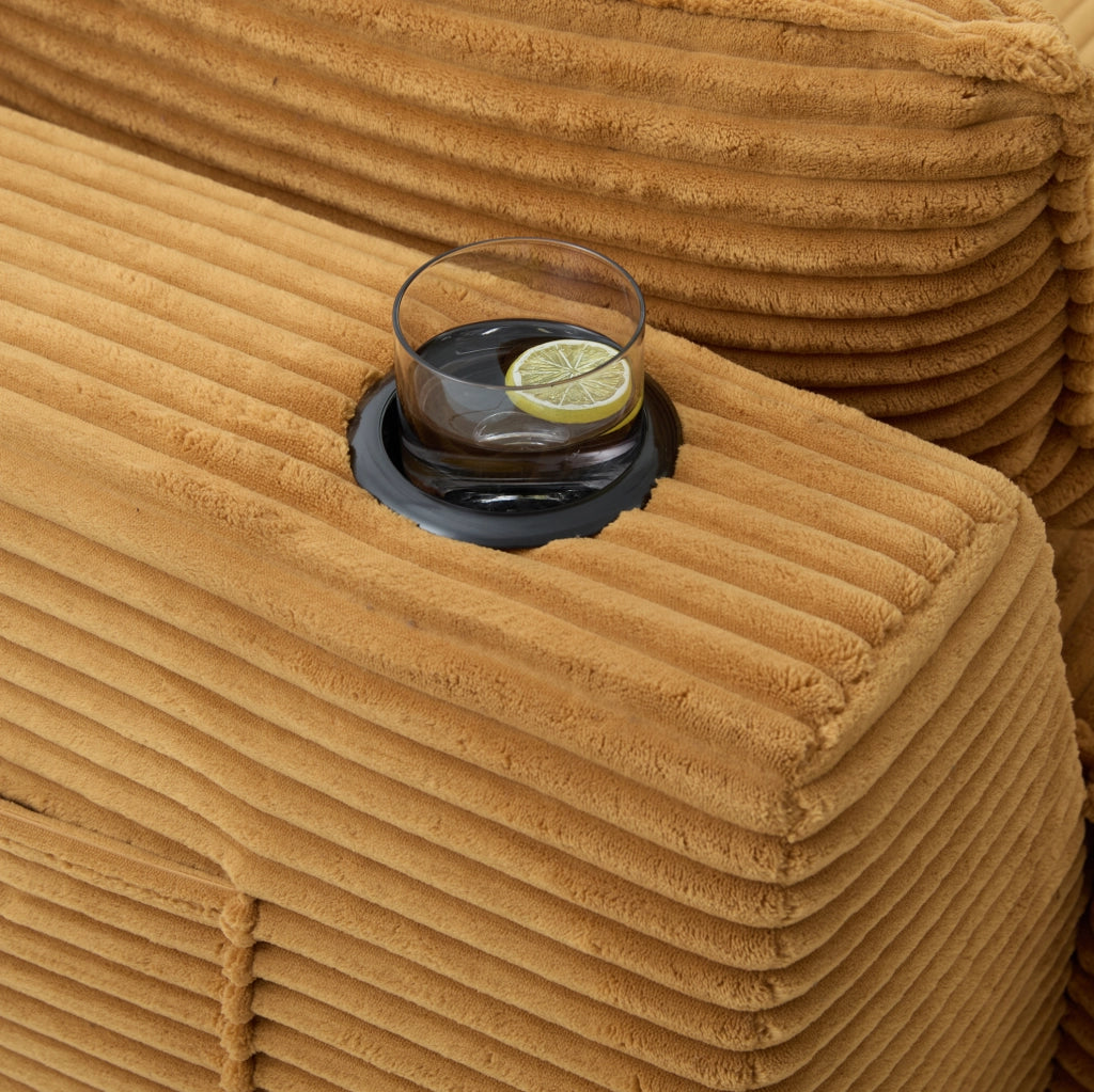 Divano modulare 3 posti con pouf; tasche laterali e cuscini; in corduroy arancione 256x161x75 cm