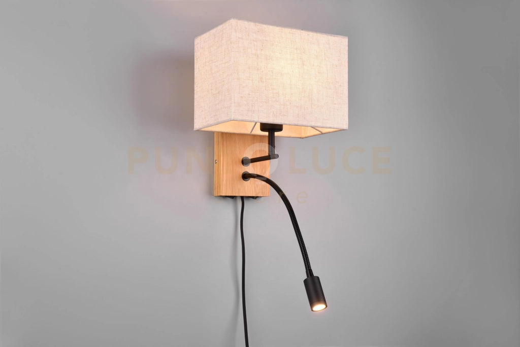 NILAM APPLIQUE BASE LEGNO NATURALE E METALLO NERO CON LAMPADA LETTURA E PARALUME RETTANGOLARE BIANCO L.25CM 2 LUCI-1 ATTACCO E27- LED 3,1W 310lm, 3000K