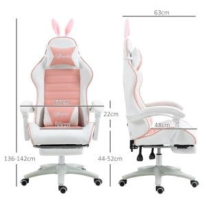 Sedia gaming ergonomica rosa con orecchie decorative, poggiapiedi estraibile e cuscini removibili