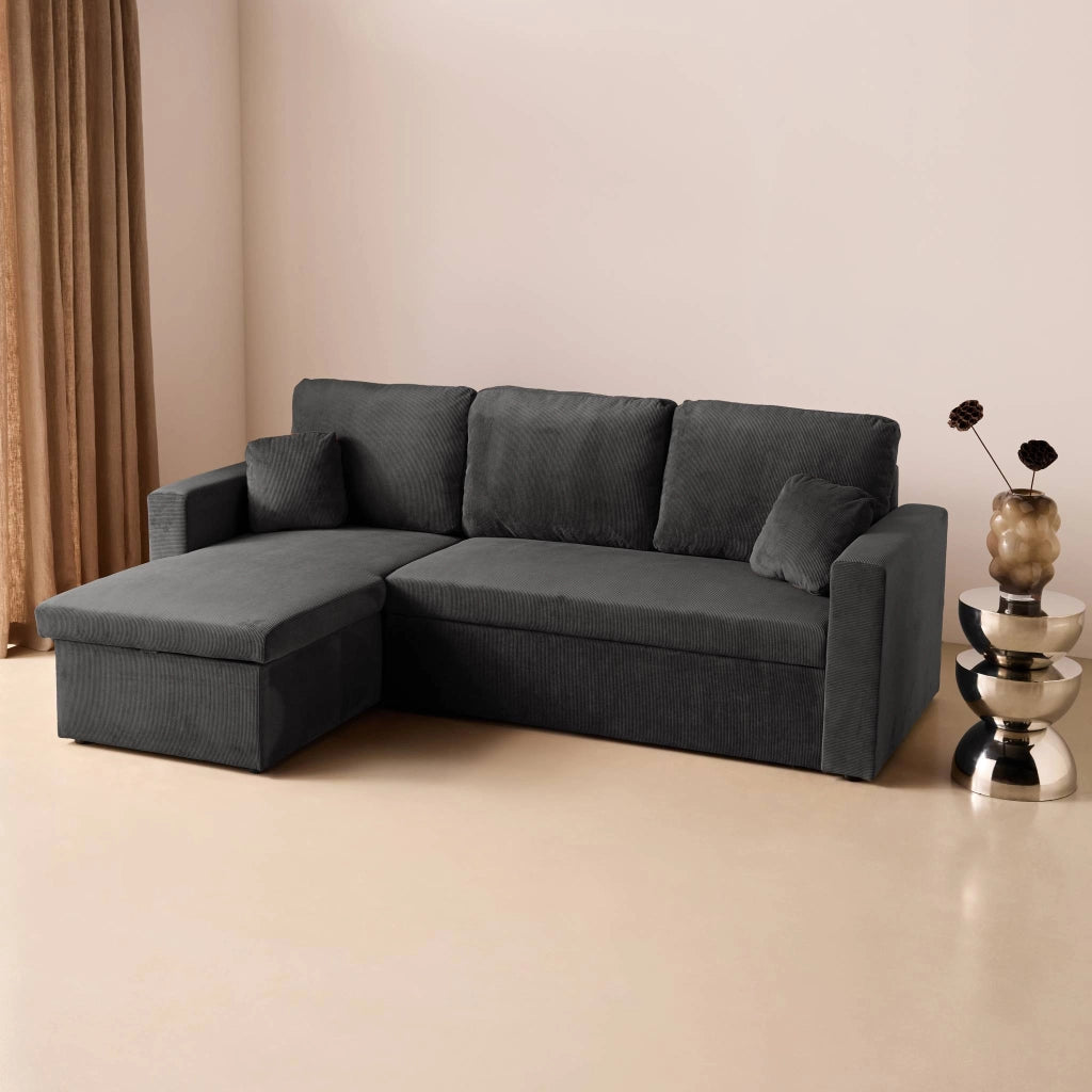 Divano letto angolare reversibile in velluto a coste, 3 posti, grigio