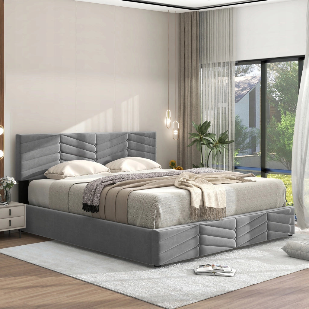 Letto imbottito 140x200 - Xylo - Grigio, velluto, meccanismo idraulico