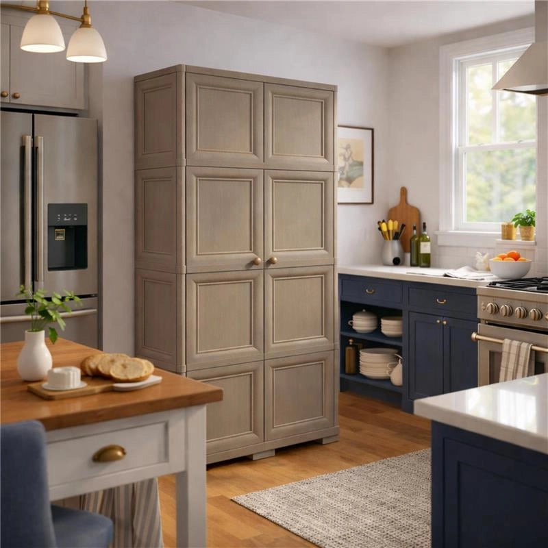 ARMADIO 2 ANTE TAUPE 79X43X164 CM CON 4 SCOMPARTI E VANO PORTASCOPA – MOBILE ALTO ORGANIZZAZIONE CASA PER INGRESSO E LAVANDERIA