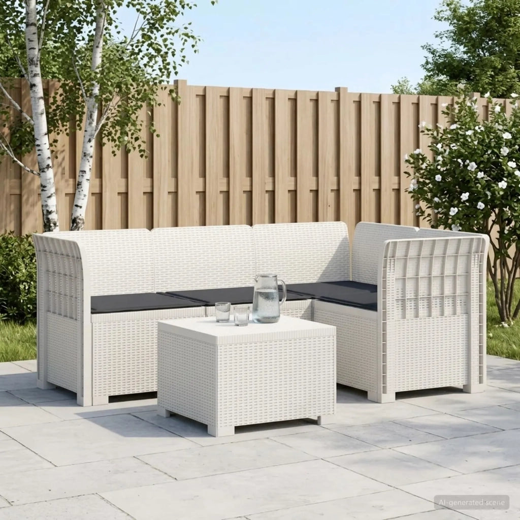 Divano da giardino 4 posti con cuscini aspetto rattan PP Bianco 3444009