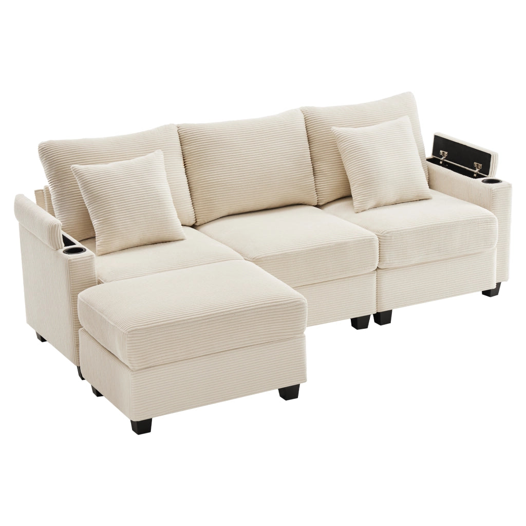 Divano Angolare 3 Posti con Poggiapiedi e Cuscini ¨C Xylo ¨C Beige