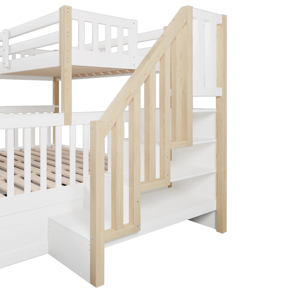 OKWISH Letto a Castello 90×200 cm e 140×200 cm, Letto 3 Posti con Contenitore Idraulico, Scala con Contenitori e Sponde, senza Materasso, Bianco e Naturale