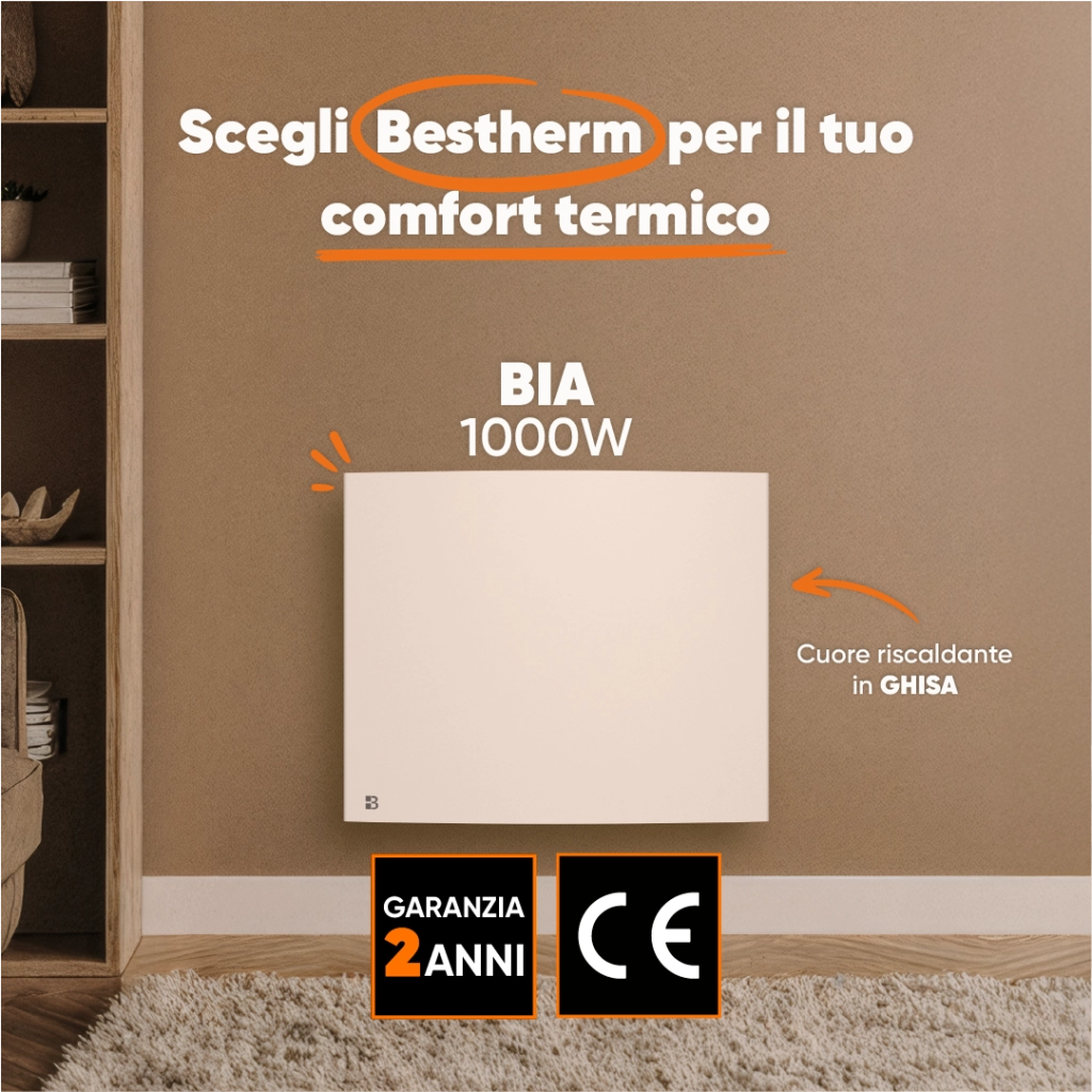 Radiatore elettrico fisso a inerzia secca in ghisa Bestherm BIA 1000W, orizzontale, bianco