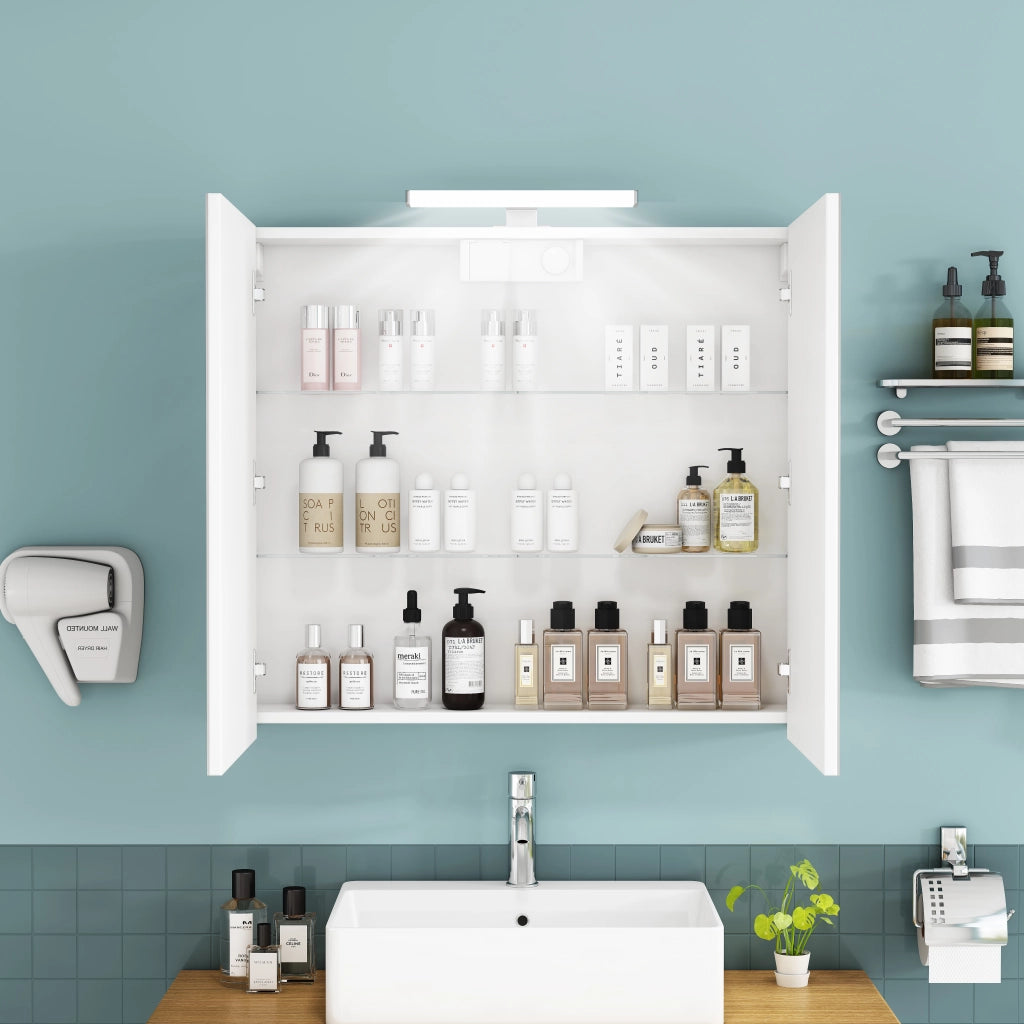 Armadietto a specchio da bagno a 2 ante con LED, presa francese e ripiani in vetro regolabili bianco 87 × 24 × 79 cm