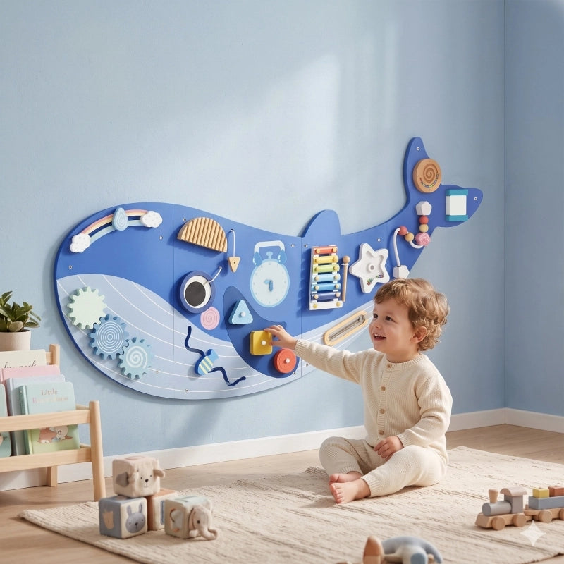 Tavola attivit¨¤ Montessori 13 in 1 in legno a forma di balena, da appendere al muro, con xilofono, orologio e ingranaggi.