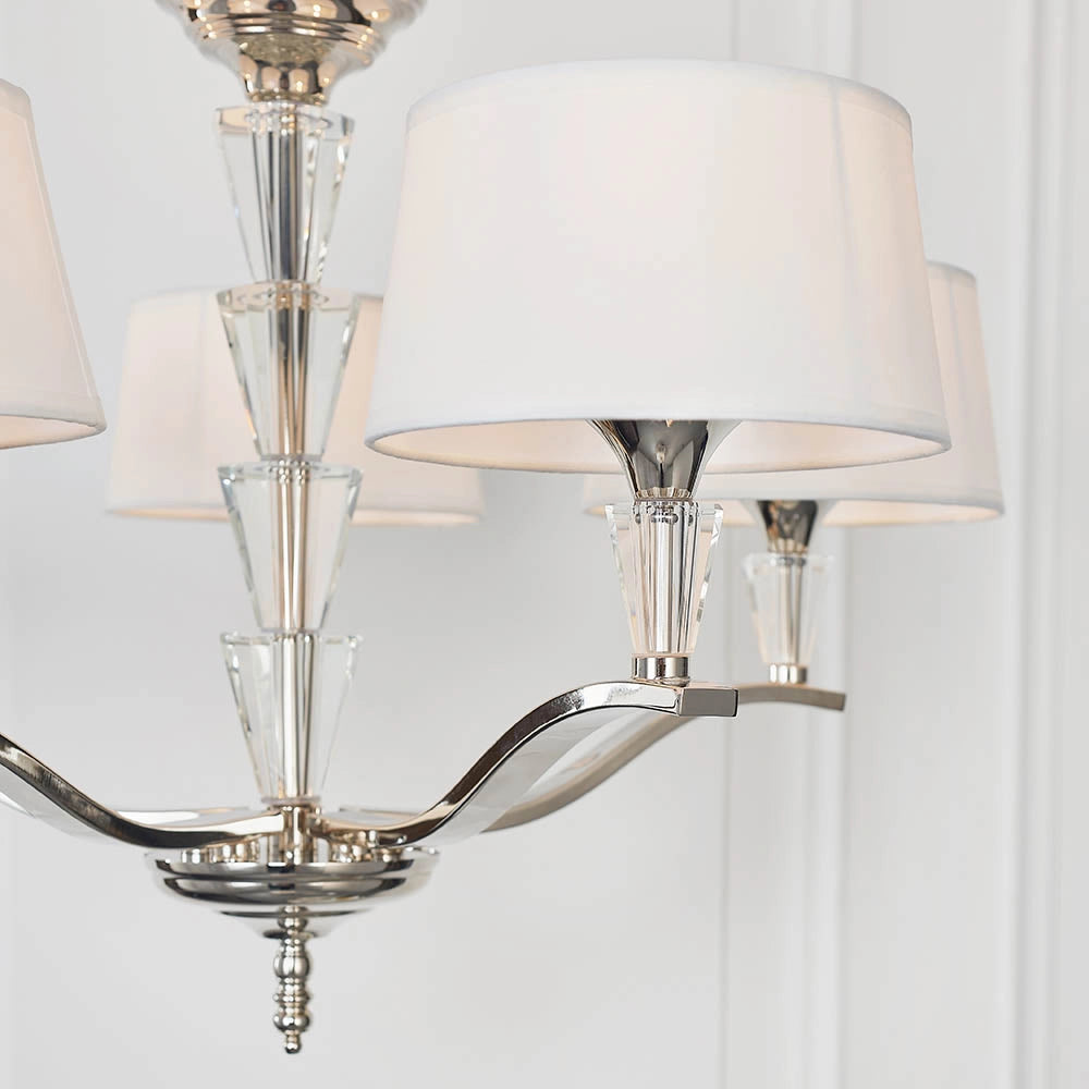 Lampadario 5 luci paralumi bianchi cromato cristalli E14