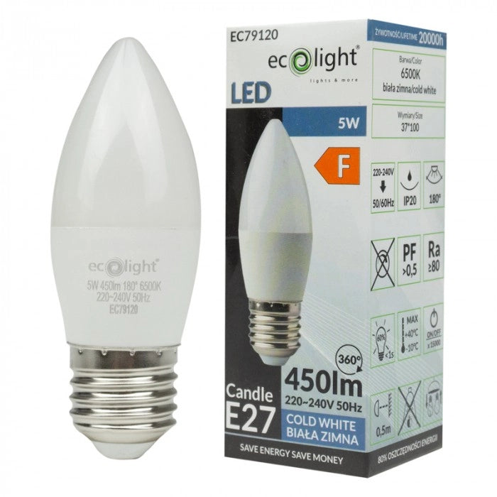 Lampadina LED candela E27 5W 450lm 6500K Ecolight