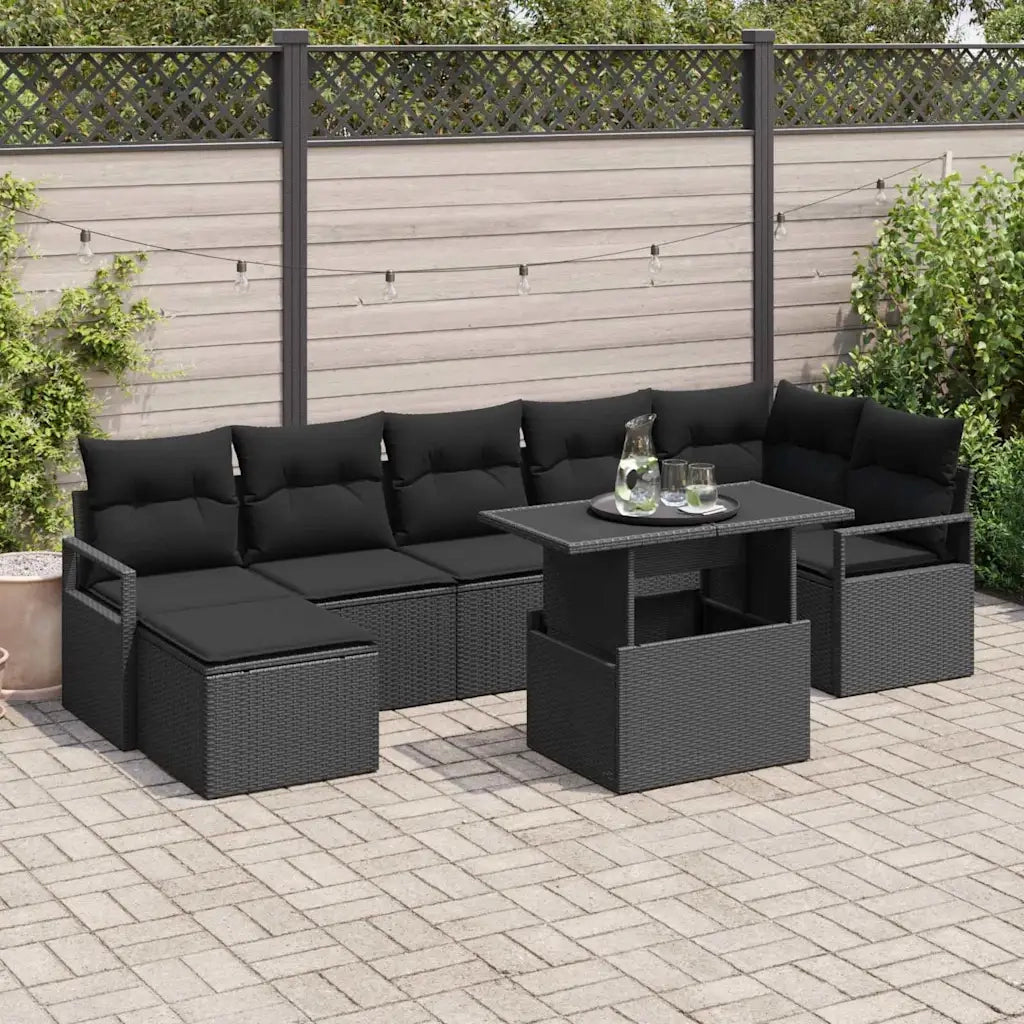 Set Divano da Giardino con archiviazione 8 pcs Nero polyrattan