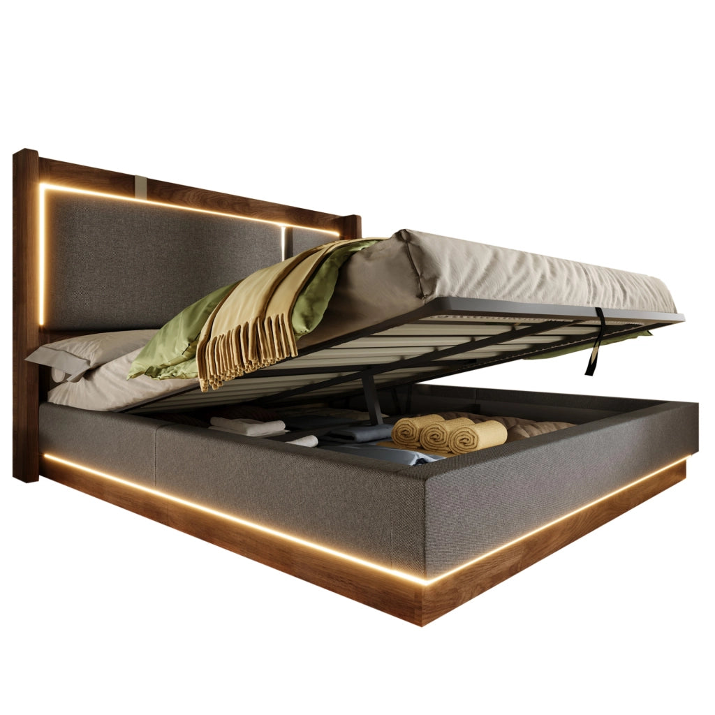 Letto imbottito 140x200 con LED, vano contenitore e rete a doghe