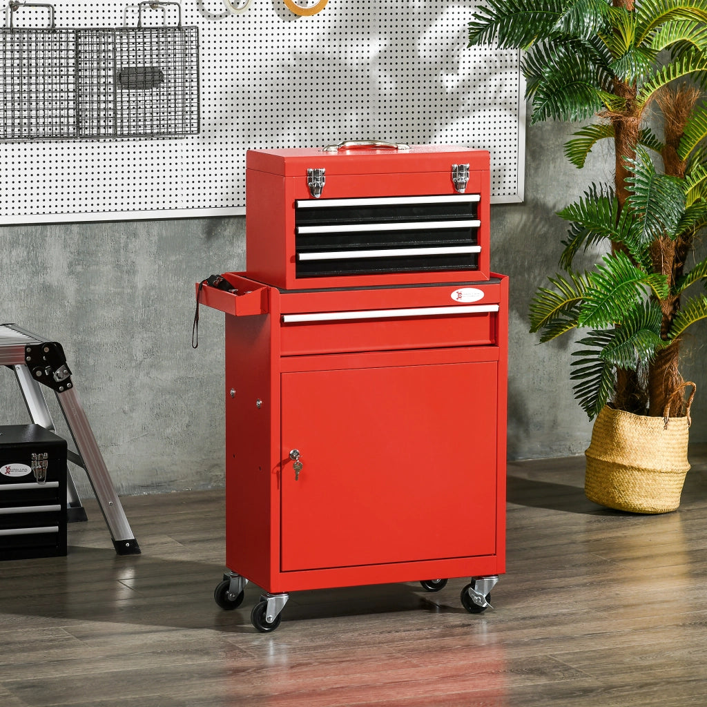 EasyComfort Carrello Porta Attrezzi 2 in 1 con Cassetta Rimovibile e Armadietto con Chiave in Acciaio, Rosso