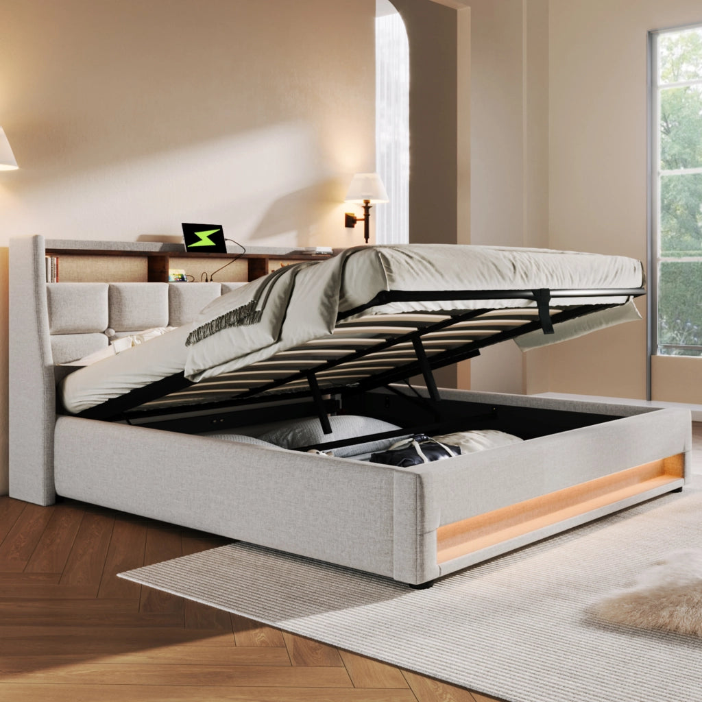 LETTO Contenitore 180x200 cm Beige in lino con USB e LED