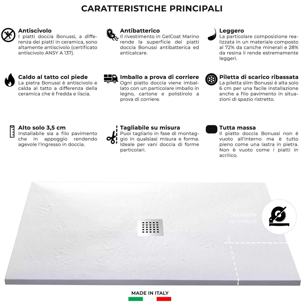 Piatto Doccia in Pietra 90x110 cm Bonussi Ardesia Stone Central Bianco