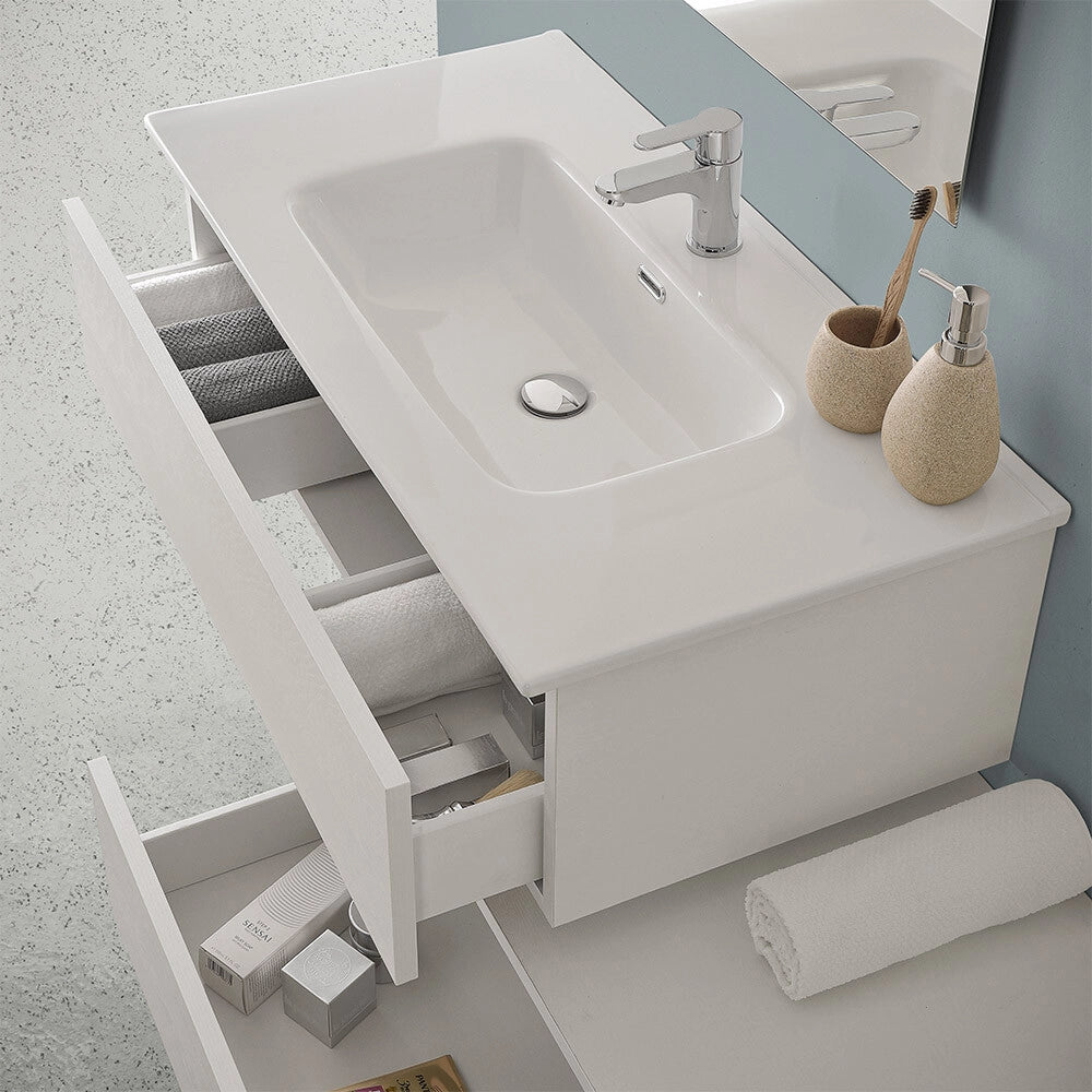 Mobile bagno sospeso 90 rovere bianco con lavabo e pensile Nadia