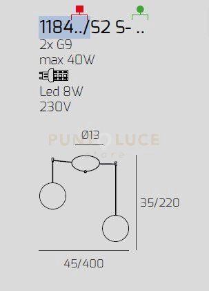 SOSPENSIONE CROMO 2 LUCI SPOSTABILE VETRI TR + FU 1184CR-S2 S-TF