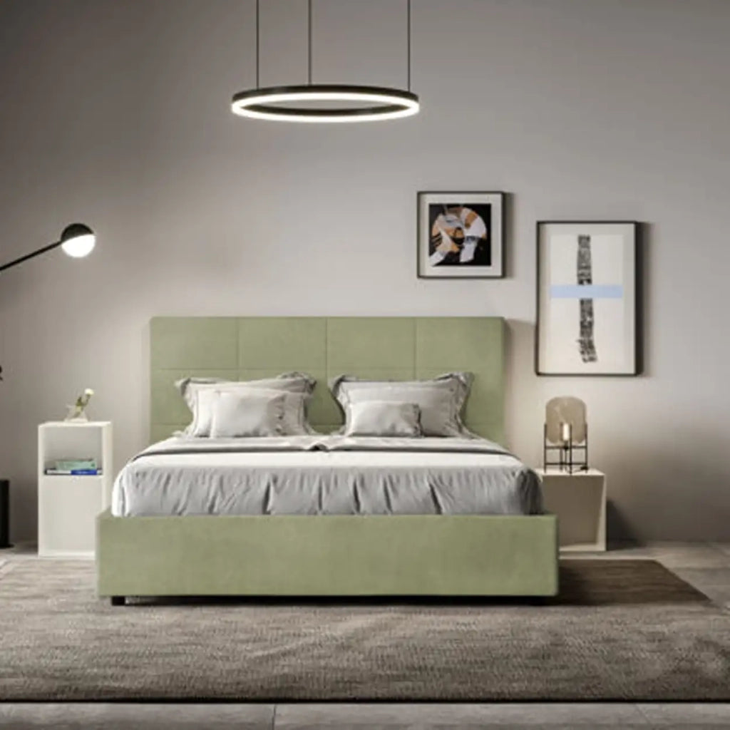 Letto matrimoniale francese contenitore imbottito 140x210 microfibra tè verde Mika