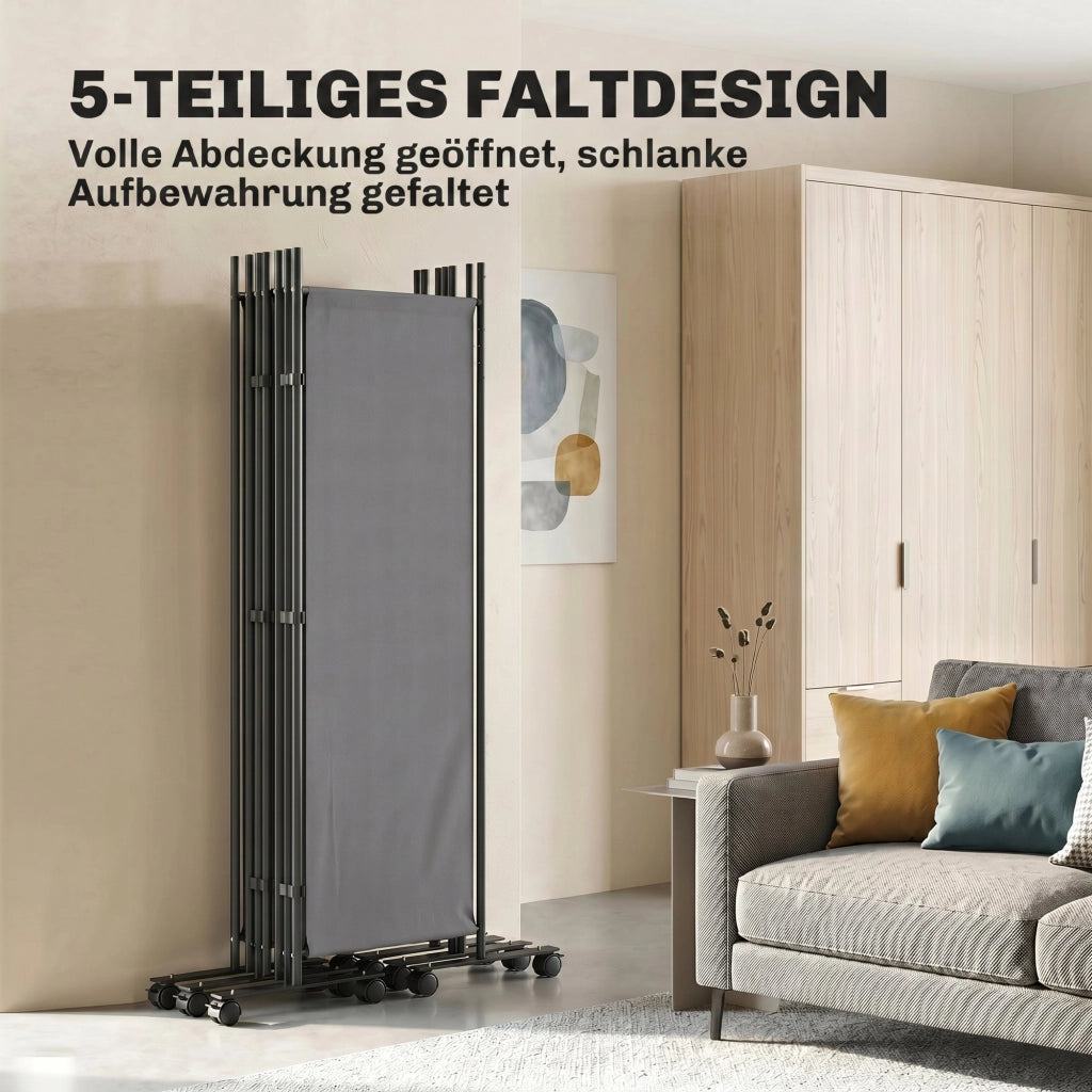 Paravento Divisorio 5 Pannelli ¨C Xylo ¨C 252x40 cm Grigio Scuro con Ruote