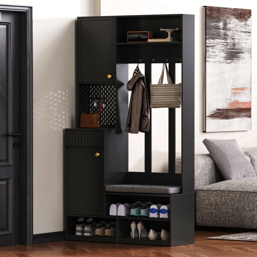 GARDEROBA DA INGRESSO con panca e 4 ganci 100x180x35 cm Nero