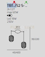 SOSPENSIONE OTTONE SAT. 2 LUCI SPOSTABILE VETRI BLU 1181OS-S2 S-BL