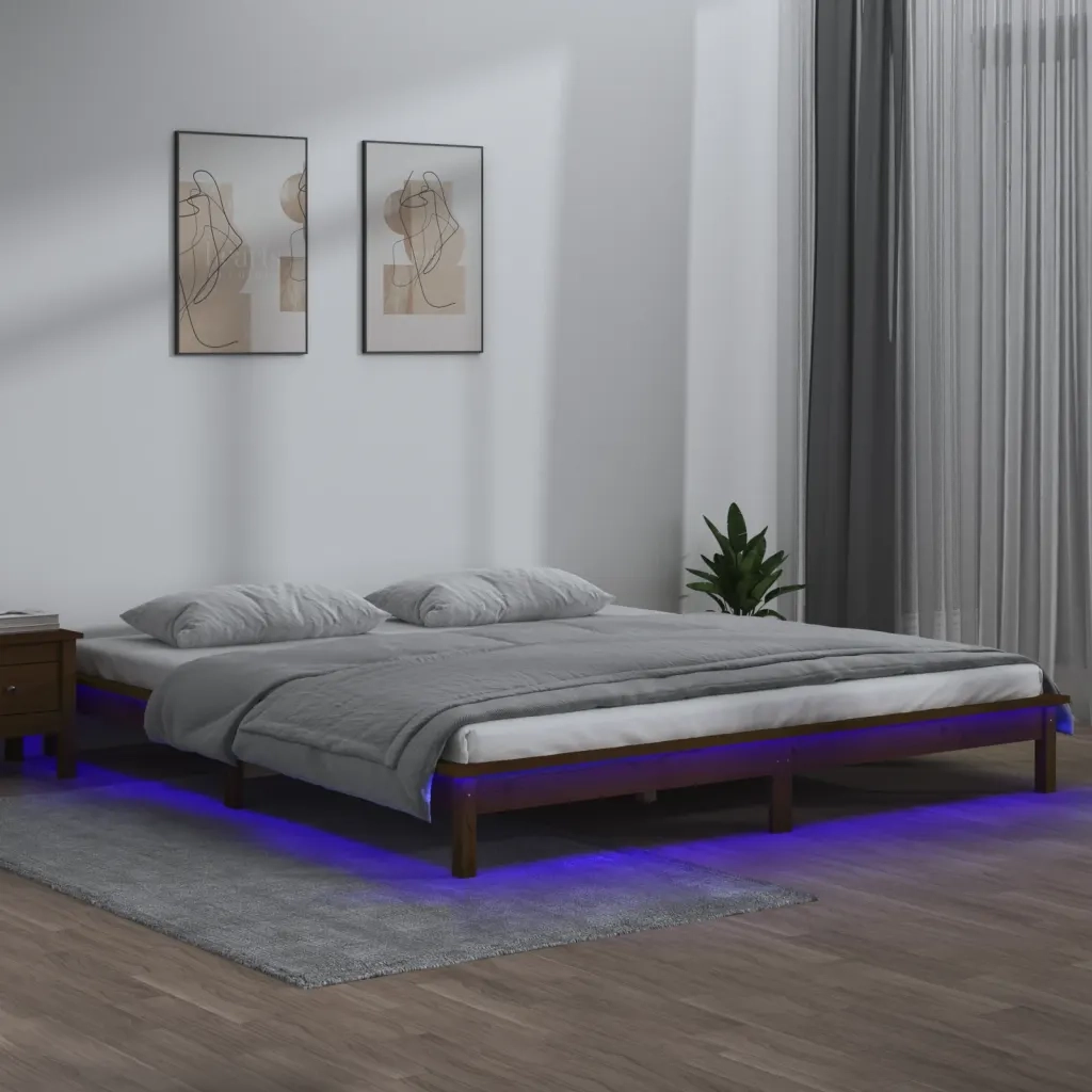 Letto matrimoniale | Letto per adulti | Giroletto con LED senza Materasso Ambra 140x190 Legno Massello
