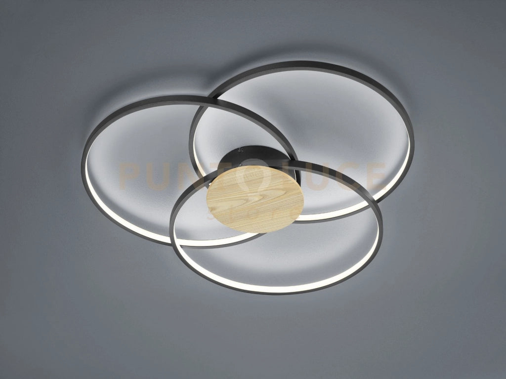 SEDONA PLAFONIERA LED 40W  4800lm, 3000K 3 CERCHI NERA CON INSERTO EFFETTO LEGNO DIMMERABILE CON INTERRUTTORE D.80CM