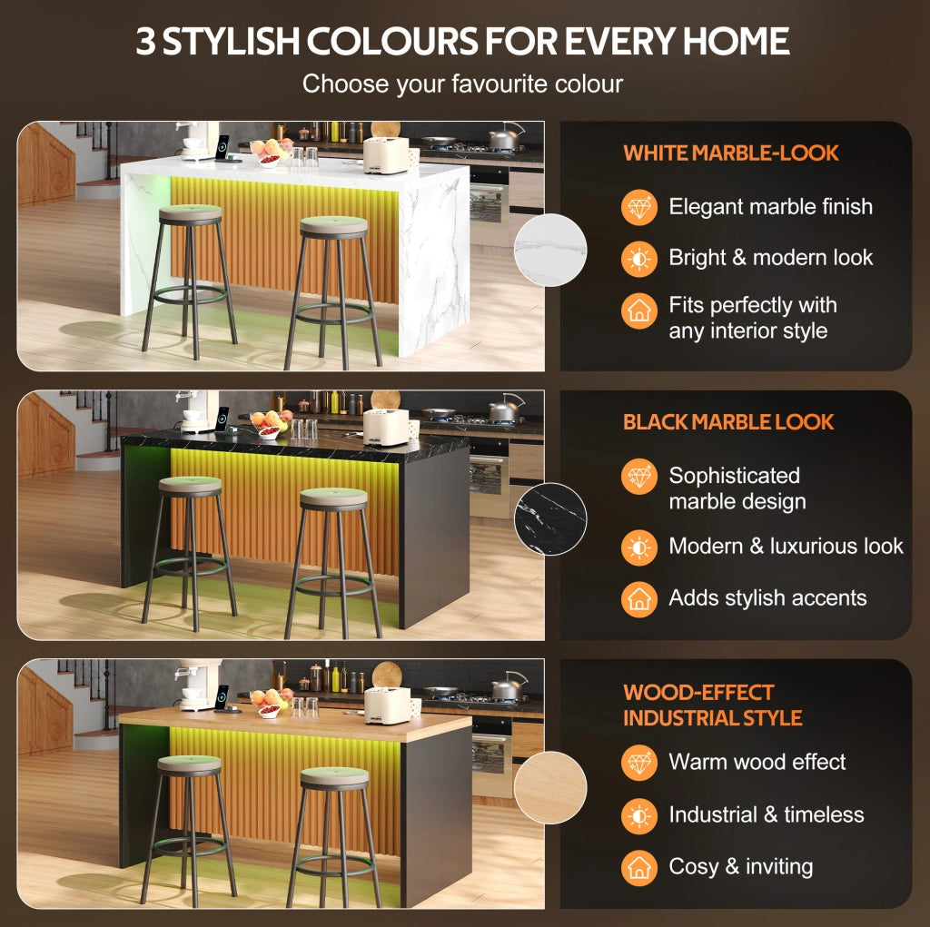 Isola cucina 155x80x90 cm in MDF effetto marmo bianco; con LED; prese e USB