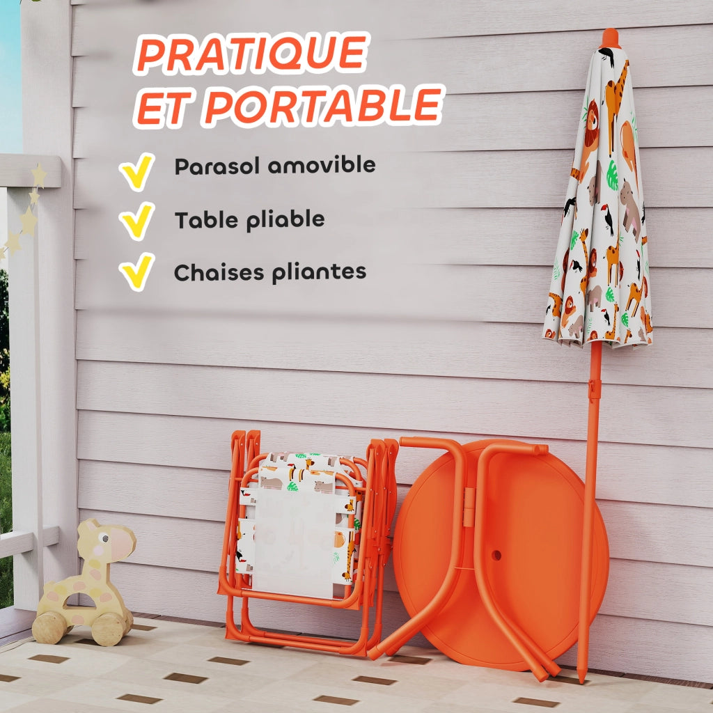 Set da giardino per bambini con tavolo e 2 sedie pieghevoli e ombrellone ¨C Minimal ¨C arancione, ? 100 cm, motivo animali