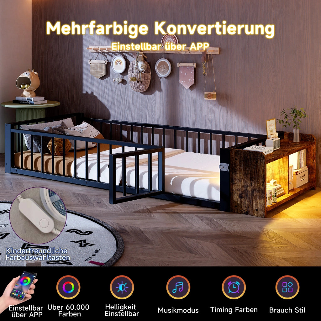 LETTO 90x200 cm in metallo e MDF con sponda, vano aperto e LED, nero