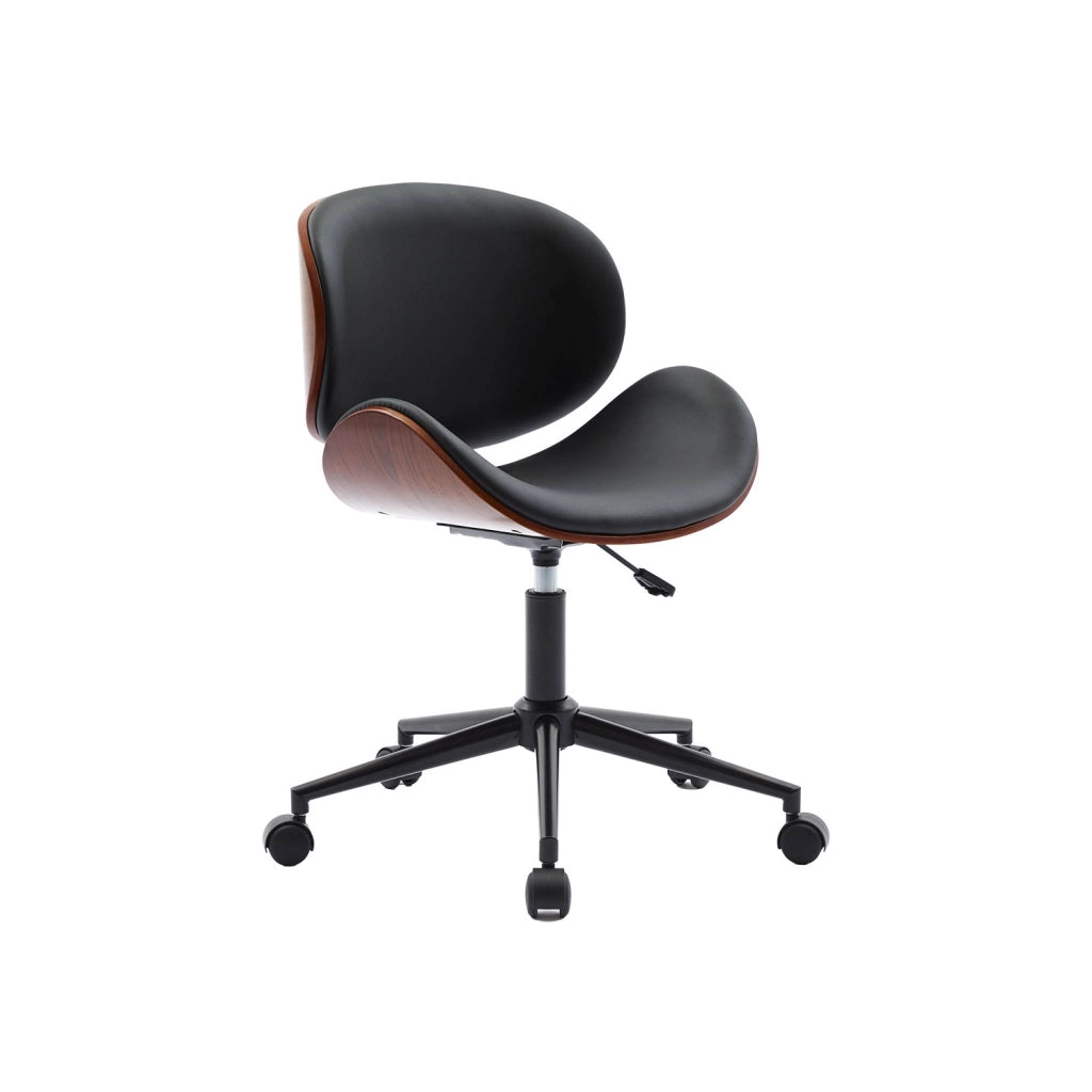 Sedia da ufficio con rotelle, effetto legno curvato e similpelle, nero