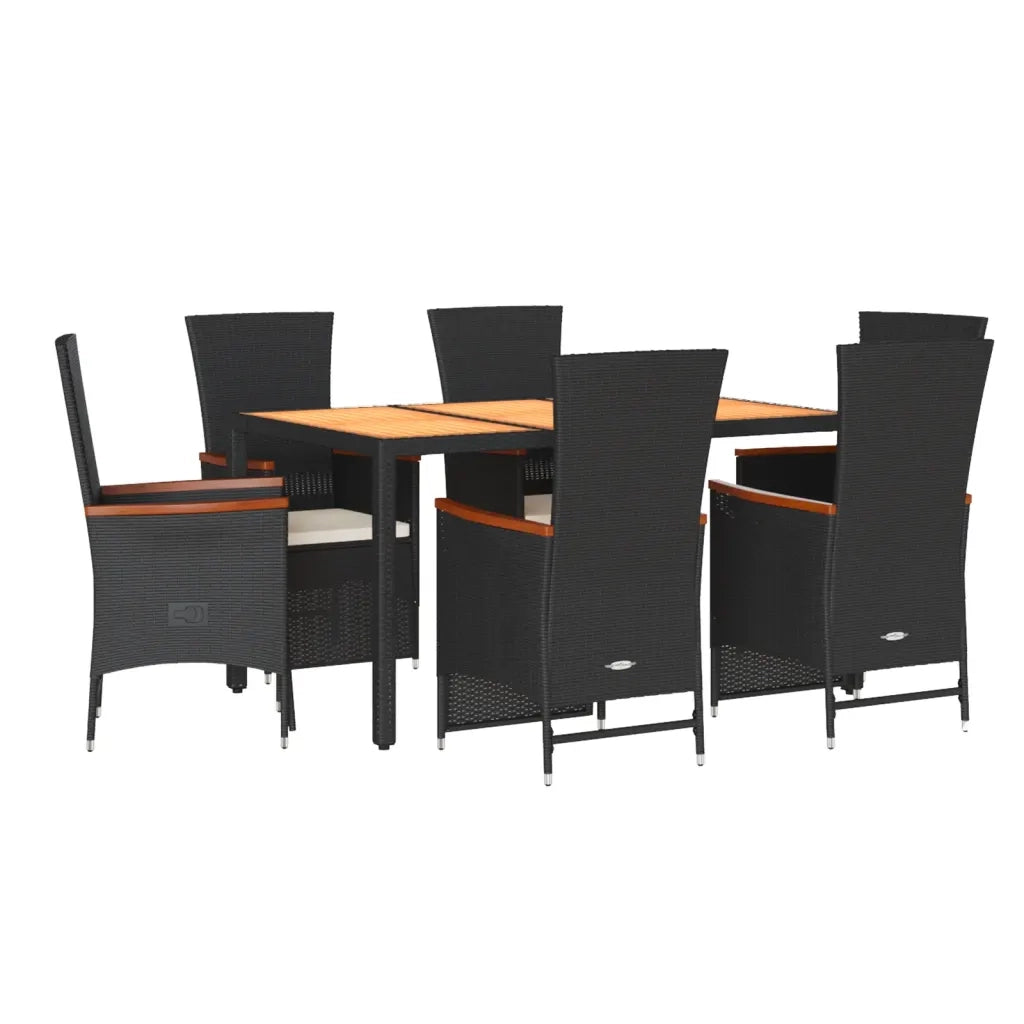 Set da Pranzo da Giardino 7 pz Nero con Cuscini in Polyrattan