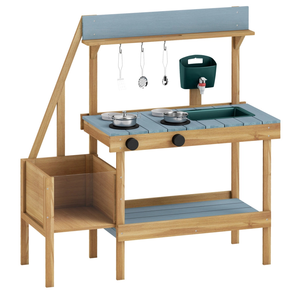 Cucina giocattolo in legno massello per bambini 3+ anni, Cucinetta montessori da esterno con fioriera rialzata Blu