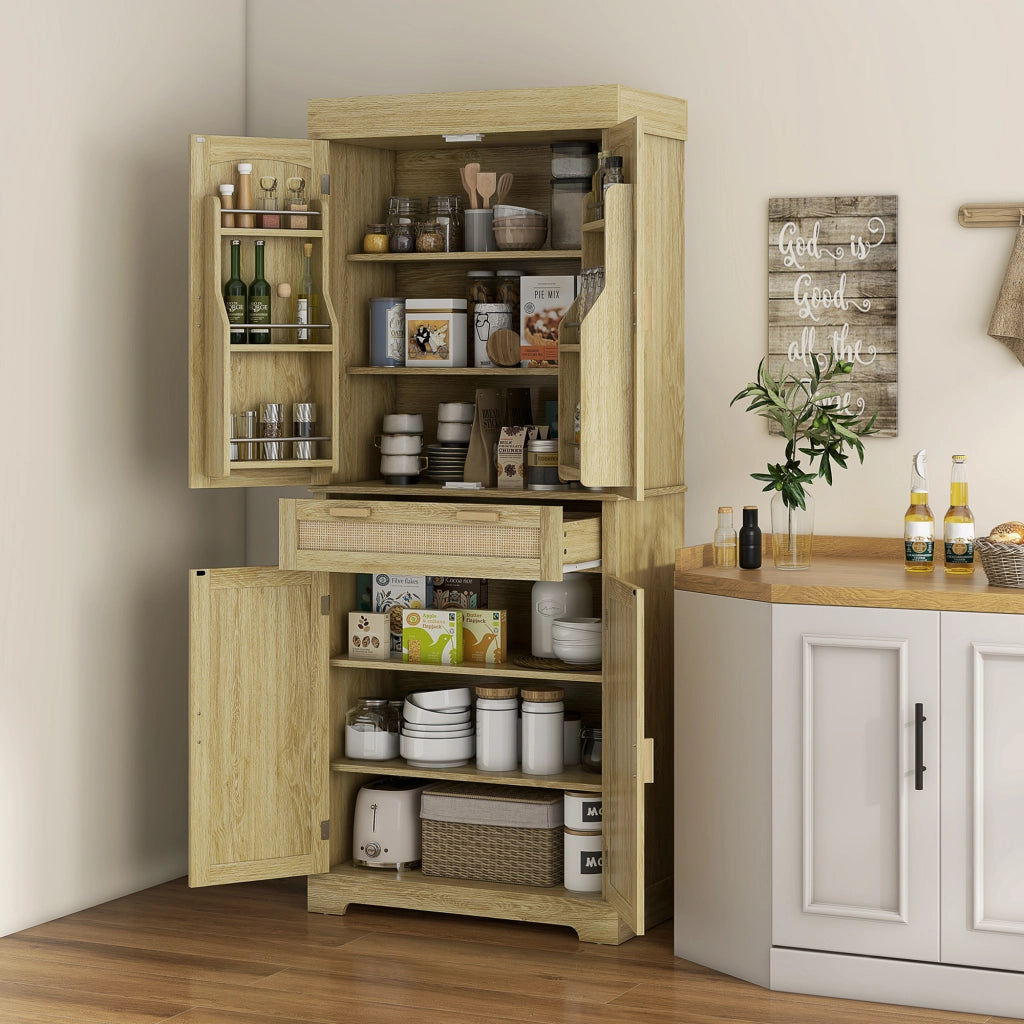 Credenza Cucina Boho 2 Ante Cassetto Portaspezie ¨C Xylo ¨C Legno Rattan Rovere 76x40x183cm