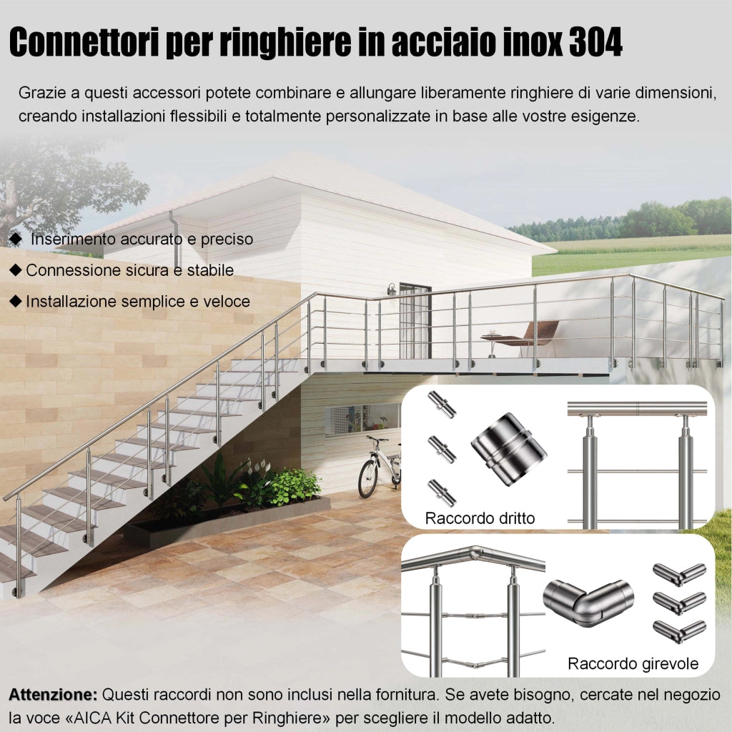 Ringhiera Balaustra Corrimano in acciaio inox 304 spazzolato per scale 180 cm, 3 barre trasversali, fissaggio laterale, per interni ed esterni