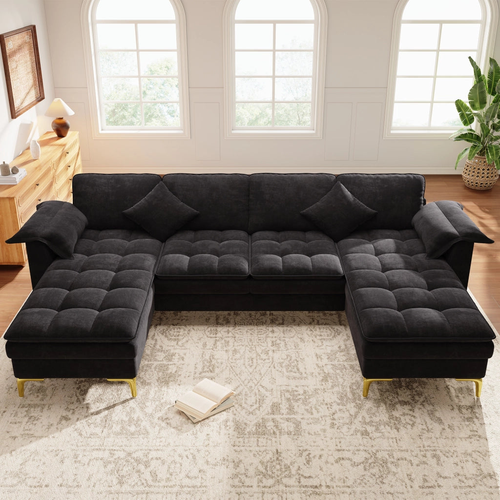 DIVANO A U Modulare 262x134x86 cm Chenille Nero
